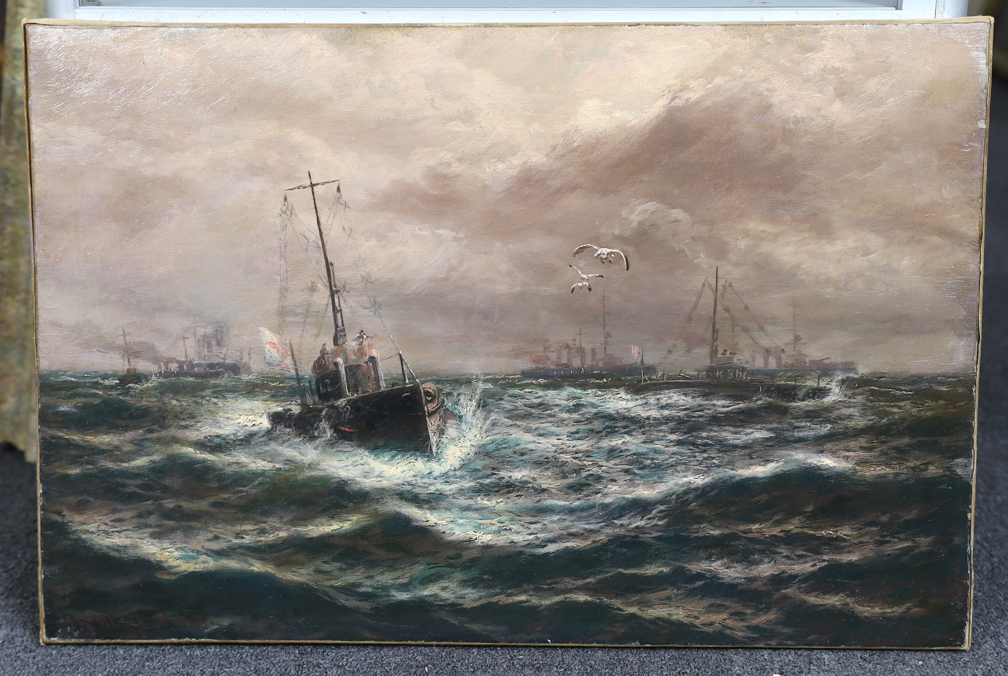 Thomas Rose Miles (English, 1844-1916), 'A Surface Run of Submarines', oil on canvas, 41 x 61cm